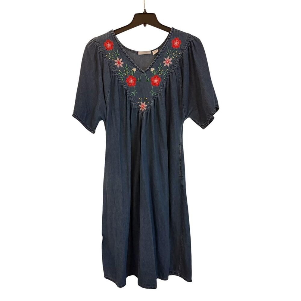 Country Store Embroidered Denim Dress Women’s 1X Blue Floral 100% Cotton Midi